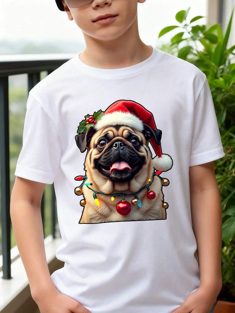 Playeras de niño Pug con sombrero de Santa y luces blusas para adolescentes sudaderas de niño Regalos navideños Camiseta de Halloween para niñas Camisetas de niña Camisetas navideñas Camisetas para niños y niñas La tela es suave, transpirable y cómoda, hecha de puro algodón. - Blanco - Ver 1