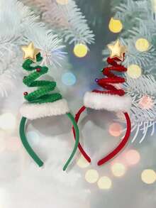 Tiara de Natal Fofa com Design de Estrelas, Árvore de Natal Espiral com Elementos Cartoon, Estampas, Decoração de Primavera, Tiara de Natal Adequada para Festa e Decoração de Feriado, Acessórios de Cabelo