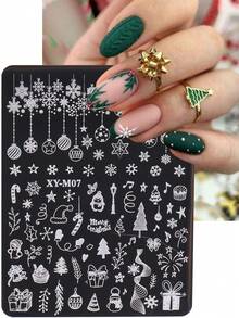 1 件节日圣诞美甲印花板水晶球雪花冬青树礼物企鹅星主题美甲板不锈钢新年美甲设计模板工具 - 銀色 - 查看 3