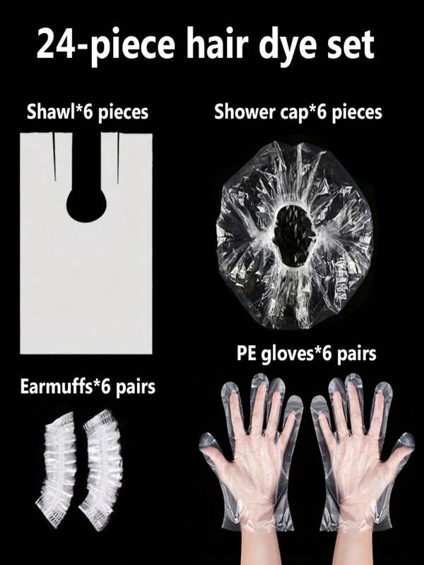 6 Sets (24 Stücke) Haarfärbewerkzeuge, beinhaltet Duschhaube, Handschuhe, Ohrenschutz, Umhang, aus Kunststoffmaterial, geruchlos, einfach zu verwenden, DIY Haarstyling Set, Salon-Qualität - geeignet für Salons und Heimgebrauch
