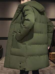 男士长袖绗缝拉链连帽羽绒服，冬季保暖 - 軍綠色 - 查看 2