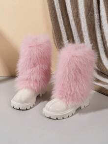 1 双柔软舒适的 PU 皮革及膝靴，适合幼儿女孩/小女孩，毛茸茸的，拉链，圆头，保暖衬里，毛茸茸的饰边，时尚公主雪地靴，适合 3-15 岁女孩，日常穿着，度假，秋冬 - 粉色 - 查看 5