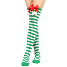 1Pair Christmas Knee High Socks For Women , Striped Long Stockings With Bow & Pom Poms, Holiday Cosplay Party Socks, Cozy Socks