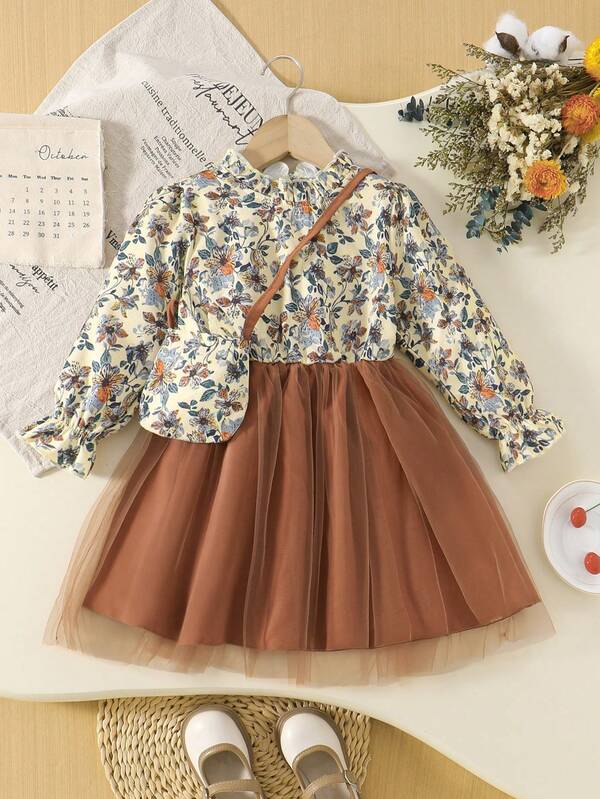 1 pieza Vestido de manga larga con tela tejida suave y cómoda con estampado floral, con bolsillo pequeño y empalme de malla, adecuado para uso al aire libre, otoño/invierno, para niñas