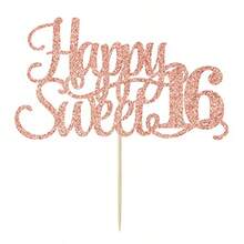 Rose Gold Glitter Happy Sweet 16 Cake Topper Happy 16th Birthday Cake Decor Hello 16 Cheers To 16 Years Birthday Party Decoration Plies - như hình ảnh - Xem 3