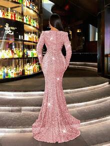 CHOSMO Women's New Autumn Sequin Long Sleeve Mermaid Formal Dress, Glamorous Elegant Fitted High Waist Evening Gown Wedding Spring Party - Baby Pink - View 3