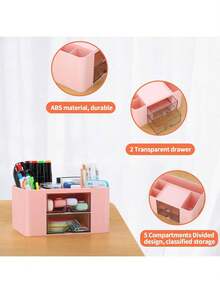 1pc Mini Desktop Organizer With 2 Drawer, Multi-Functional Pencil Pen Holder For Desk, Simple And Creative Stationery & Office Supplies Storage Box For School, Office, Dorm, Multi-Compartment Organizer, Makeup Organiser, Back To School Supplies, Holiday Gift, Christmas Present - Hồng - Xem 3