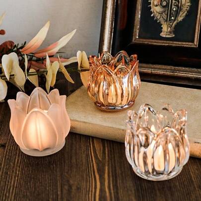 Tulip Shaped Glass Candle Holder, Suitable For Home Decor, Living Room Decor, Bedroom Decor, Holiday Decor, Tabletop Decor, Also Can Be Used As Gift For Ladies, Girlfriend Or Souvenir