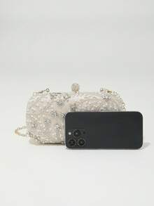 1 件优雅浪漫纯色珍珠串珠水晶水钻装饰盒式手拿包，适合派对、婚礼、聚会 - 米色 - 查看 3