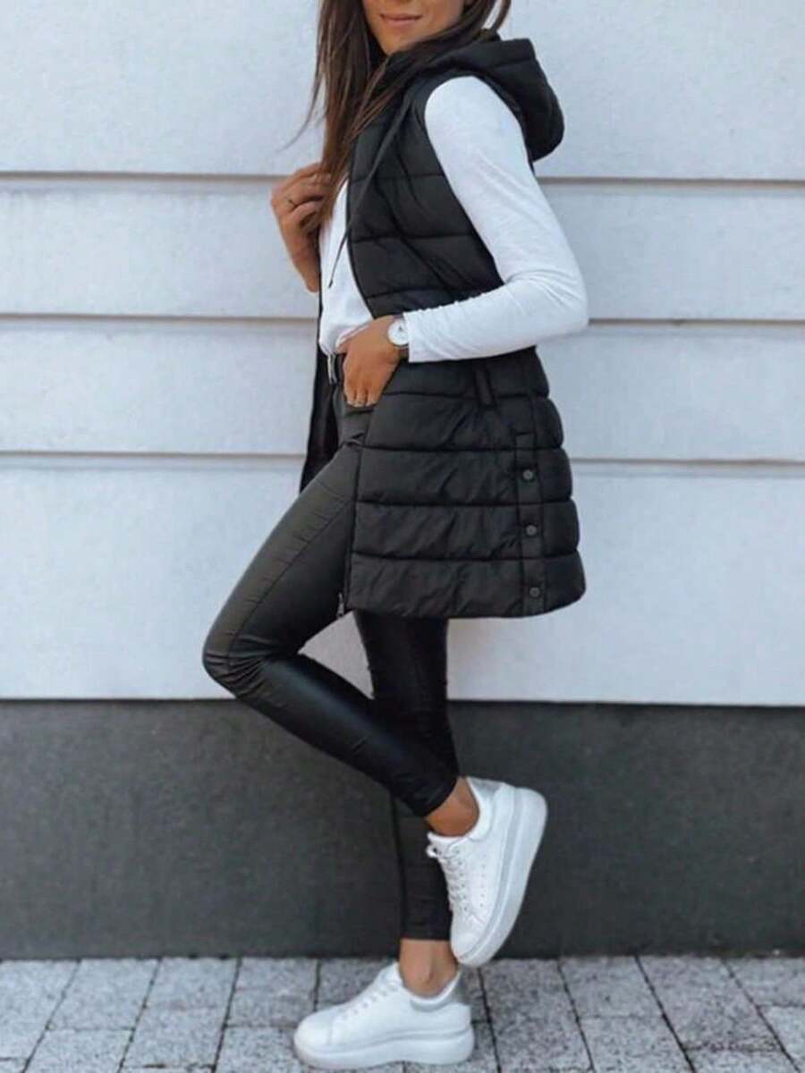 Women's Hooded Long Vest Insulated Sleeveless Puffer Style Winter Wear - màu đen - Xem 1