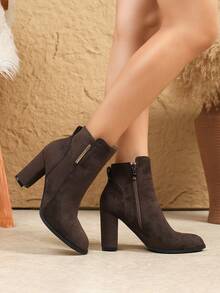 Women's Autumn/Winter New Stylish Brown Chunky Heel Tall Boots, Over-The-Knee, Pointed Toe, Side Zipper, Riding Boots For Petite - Brown - View 3