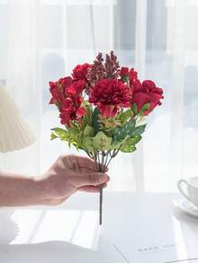 1个仿真牡丹丝绣花球，适用于秋季家居装饰、情人节花瓶、婚礼花束、花园玫瑰拱门、客厅装饰、新年装饰、观赏花盆 - 紅色 - 查看 3