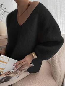 女士宽松休闲V领纯色细绒针织毛衣，秋冬 - 黑色 - 查看 3
