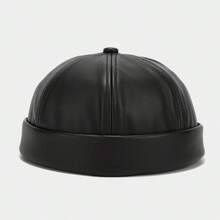 Retro Brimless PU Leather Landlord Hat Solid Color Landlord Hat Melon Caps Autumn Docker Cap - 黑色 - 查看 13
