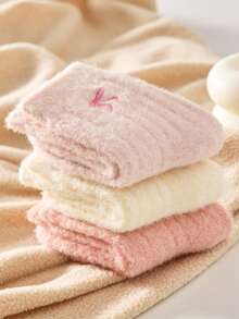 2 Pairs Of Thicking Children's Socks With Bow Embroidery, Cute Plush Mid Tube Socks For Girls, Warm Crew Sicks For Autumn/Winter,White/Pink Socks Suitable For Snow/Out,Random Color - Multicolor - View 3