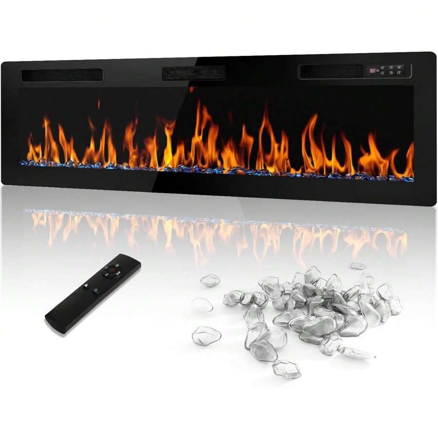 72'' Ultra-Thin Electric Fireplace In-Wall Recessed And Wall Mounted Fireplace Heater,Linear Fireplace With Multicolor Flame,Timer,Low Noise,750/1500W,Touch Screen & Remote Control, With Plug - Black(72in) - View 1