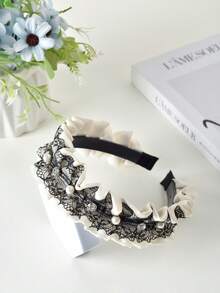 1pc Girl's New Pleated Lace Headband, Wide Rhinestone Pearl Fashion Hair Accessory