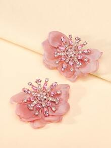 1 Pair Women's Sparkling Colorful Rhinestone Fabric Flower Large Stud Earrings Fashion Exaggerated Statement Jewelry For Party Prom