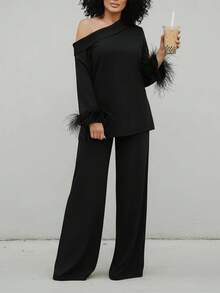 1pc Women Plus Size Elegant Solid Color Asymmetric/Asymmetrical Ruffle/Flounce Hem Outfit, Suitable For Evening Date, Casual, Vacation In Autumn Black Spring - Black - View 5