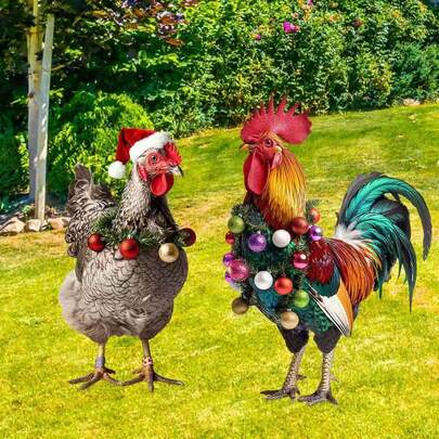 2 piezas Estacas de jardín de pollo 2D de acrílico con gorros de Papá Noel, decoración de patio de Año Nuevo, decoración navideña, decoración de fiesta, sin necesidad de electricidad