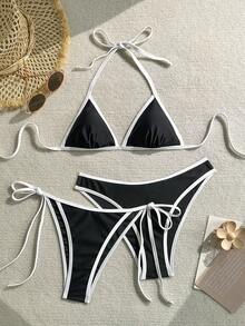 2026 European & American Cross-Border Contrast Color Thin Edge New Style Sexy Bikini Swimsuit, Women's Swimwear