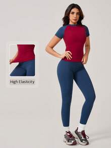 NcmRyu 1 Set Pakaian Olahraga Wanita Kasual Patchwork Warna Kontras dengan Karet Leher Bulat Lengan Pendek dan Celana Panjang untuk Musim Panas - Navy Blue - View 5