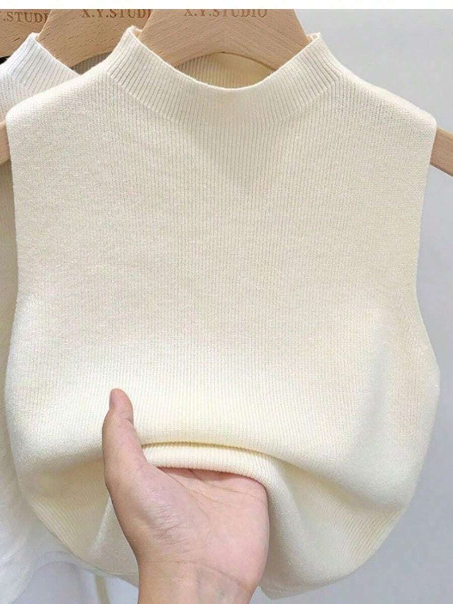 Camiseta sin mangas de punto para mujer, suéter corto y ajustado sin mangas, suéteres sólidos para primavera y otoño - Albaricoque - Ver 1