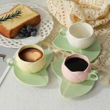 90毫升陶瓷郁金香形咖啡杯碟套装，配叶形杯垫，优雅实用，温馨可爱，适合办公室、餐厅、家居使用，易于清洁