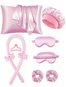 12件套睡眠美发造型工具套装，包含卷发棒、面部按摩器、1个加大双人枕套，适用于头发和皮肤，免加热卷发棒套装，夜间卷发棒，1个睡眠眼罩，1个缎面睡眠帽，女士面部按摩滚轮护肤工具，卷发器，免加热卷发