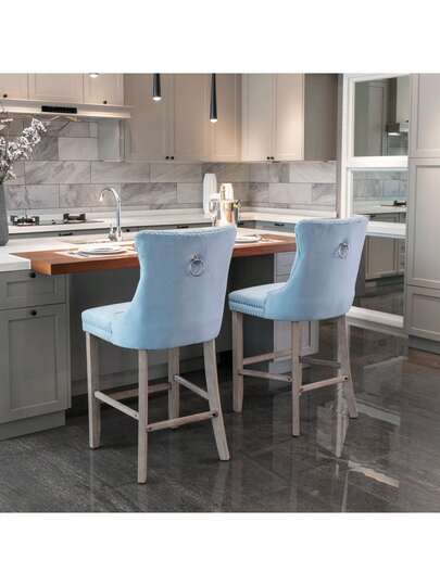 Contemporary Fluwelen Upholstered Button Tufted ation Wooden Legs, Chrome Studded Head ation, Bar Chairs, Stools, Set Of 2, DE2002OG view 3