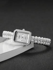 2件套女士礼品珍珠手表，方形表盘镶钻，时尚休闲珍珠水钻石英手链手表组合（不含手表） - 彩色 - 查看 6
