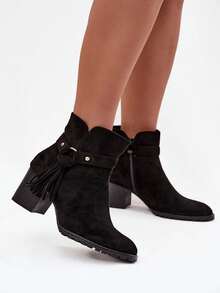 Women's Heeled Ankle Boots Made Of Synthetic-Suede With Fringe, Perfect For Autumn And Winter Beige Brown Black - Black - View 2
