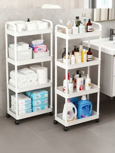 1pc Small Trolley Floor Standing Storage Rack, Bathroom Organizer, Kitchen Organizer, Cosmetic Organizer, Towel & Detergent Organizer, Multi-Layer Mobile Storage Rack For Bedroom, Living Room, Dining Room (No Hooks Included)
