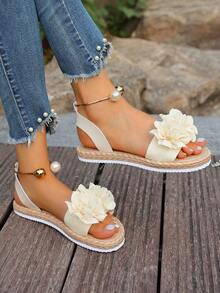 Floral Beach Slip-On Sandals For Women, Sweet Bohemian Style, Versatile For Beach Vacation, Non-Slip Soft Sole - Beige - View 4