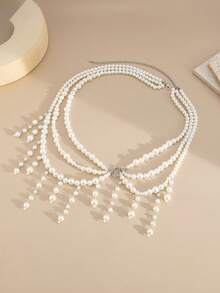 1pc Bohemian Fashion Baroque Faux Pearl Multilayer Tassel Sexy Body Chain, Vintage Ocean Element Starfish Shell Conch Pendant Tassel Waist Chain And Vest Chain, Women Beach Resort Decor Body Jewelry