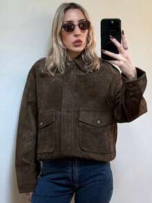 TRAFZA 女式常规仿麂皮长袖拉链宽松休闲夹克春季 - 棕色 - 查看 8