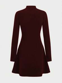 优雅休闲修身保暖高领长袖针织连衣裙 春季 - 酒紅色 - 查看 4