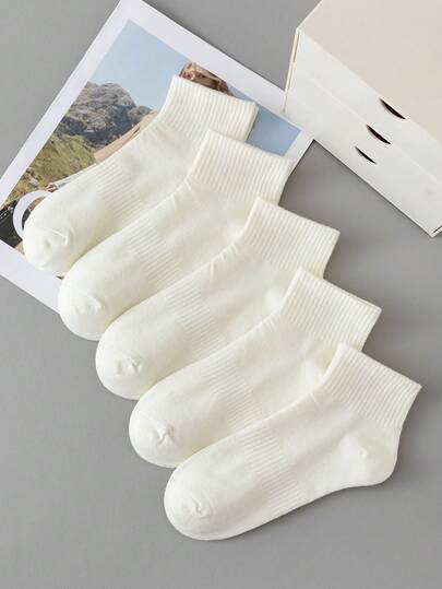 5 Pairs White Socks, Solid Color Mid-Calf Socks, Korean Style Socks, Versatile For Summer And Autumn/Winter, Sports Socks For Couples