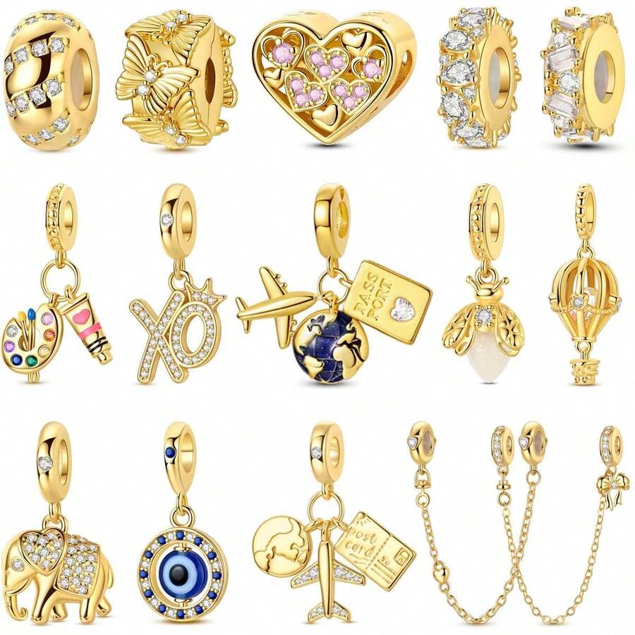 1 件银色闪亮方晶锆石复古金色飞机热气球心形调色板邪眼萤火虫蝴蝶吊坠适合原创手链项链吊坠串珠 DIY 珠宝制作女士女孩日常珠宝配饰 - 金色 - 查看 1