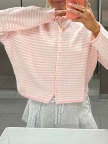 Womens Striped Cardigan Sweater Casual Crew Neck Open Front Button Down Long Sleeve Knit Sweaters Fall Outerwear - Pink - View 8