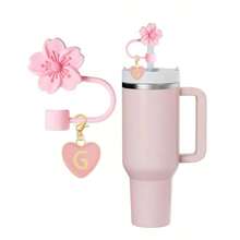 2pcs/1set Heart & Letter Pomegranate Flower Straw Topper, Pink Cup Letter Marker, And Silicone Pomegranate Flower Reusable Straw Cap 10mm Wide Straw, Cute Letter Decorations, Suitable Modern Minimalist Glass Cups - 粉色 - 查看 17