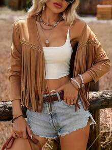 Plus Size Women's Fashionable Vintage Rivet Fringe Jacket - Brown - View 3