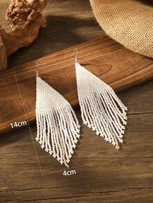 Bead Tassel Drop Earrings - trắng - Xem 3