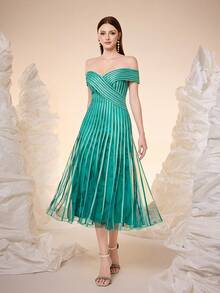 Mgiacy,New Arrival,One-Shoulder, Halter Top, Printed Mesh, Pull TAB, Big Swing, High-End, Evening Dress - Teal Blue - View 1