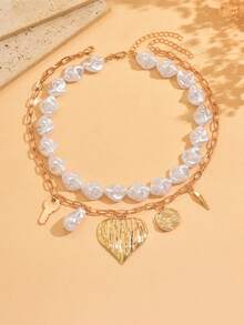 2pcs/Set Luxury Exquisite Faux Pearl Beaded Necklace, Elegant Gold Chain Necklace With Heart & Key Pendant, Suitable For Daily Wear, Dates And Gatherings - Multicolor - View 2