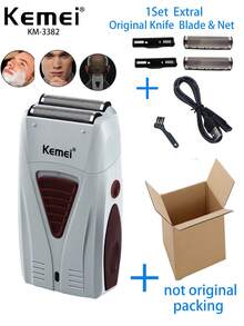 Kemei KM-3382 Rasoir électrique pour hommes, comprend 1 jeu de lames supplémentaire, rasoir réciproque à double lame, utilisation mouillée et sèche, convient pour la barbe, les soins du visage, la peau grasse, la coupe de cheveux, rechargeable par USB, design sans fil, convient pour le rasage de la tête au quotidien, usage domestique, excellent cadeau pour les hommes - Gris pâle - Voir 14