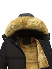 Men's Winter Cotton Jacket With Fleece Lining, Thickened Design & Large Fur Collar - Warm, Windproof, Hooded, Outdoor Casual, Versatile, Minimalist With Big Pockets - 黑色 - 查看 4