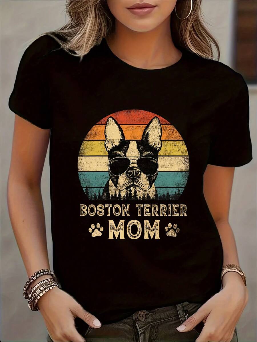 Women's Casual T-Shirt With Cute Dog Print, Machine Washable, Perfect For Spring And Summer - 黑色 - 查看 1