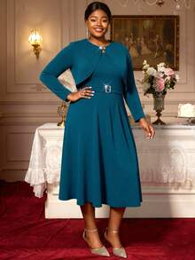 Plus Size 2 Pieces Dress Sets For Women Church Suits Tank A Line Midi Dress With Long Sleeve Jacket Wedding Party Outfits With Belt
