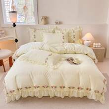 Chic Flowers Lace Bedding Set,3 Piece French Princess Style Comforter Duvet Cover Set(1 Queen Duvet Cover 90x90 Inch, 2 Pillowcases) Aesthetic Bedding For Romantic French Wedding,24328430 - 芥末黃 - 查看 5